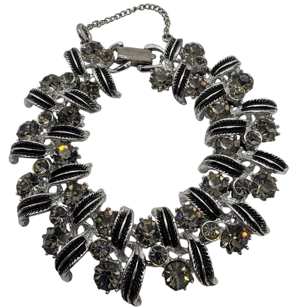 Vintage Rhinestone Leaf Bracelet Silver 6.5" Mid Century Design Retro Glam